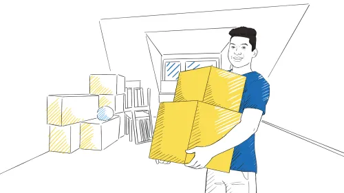 A drawn image of a man carrying two moving boxes in a room packed up for a move