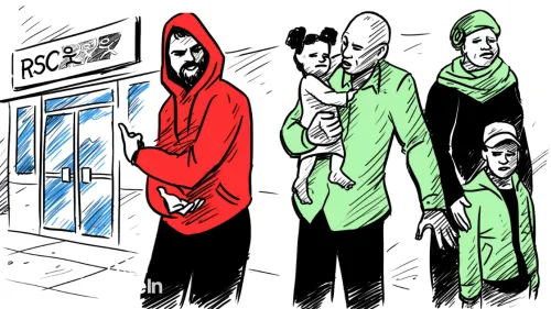 Una imagen dibujada de un hombre con una sudadera con capucha acercándose a una familia afuera de un Centro de Apoyo para el Reasentamiento.