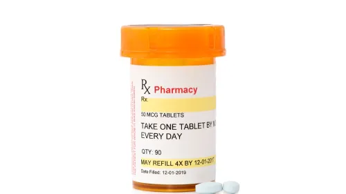 A prescription bottle with instructions, dosage, and quantity across the label