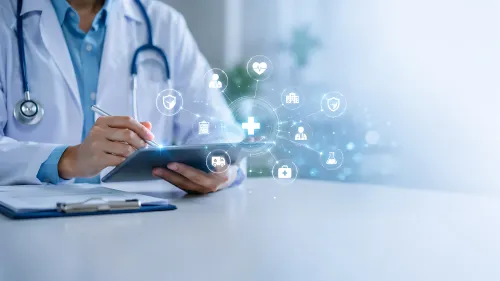 medical provider holding tablet with health icons displayed