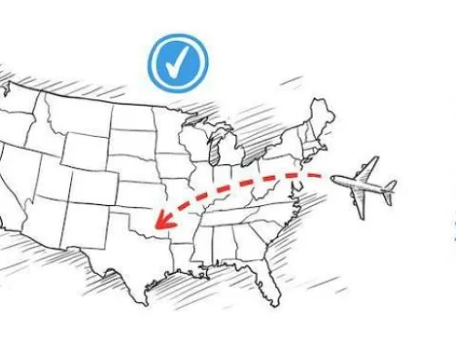 A map of the United States with a red dashed line showing a flight path from the east coast to the central region. An airplane icon is at the end of the path. A blue circle with a checkmark is located above the map.