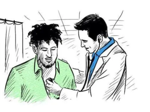 A healthcare professional in a white coat is using a stethoscope to listen to the chest of a man with curly hair wearing a green shirt. The setting appears to be a medical examination room.