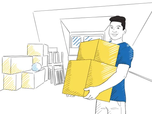 A drawn image of a man carrying two moving boxes in a room packed up for a move