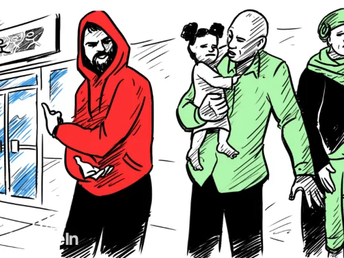 A drawn image of a man in a hoodie approaching a family outside a Resettlement Support Center.