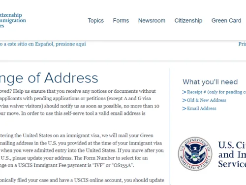 A screenshot of the Change of Address page on the USCIS website