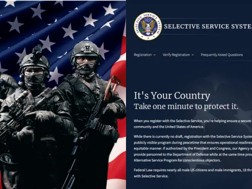 Three soldiers in military gear stand in front of an American flag beside text promoting Selective Service registration, including a message about national readiness and legal requirements for males aged 18 to 25