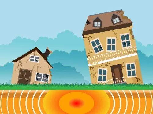 A drawing that illustrates how movements below the earth can cause earthquakes and damage to buildings.