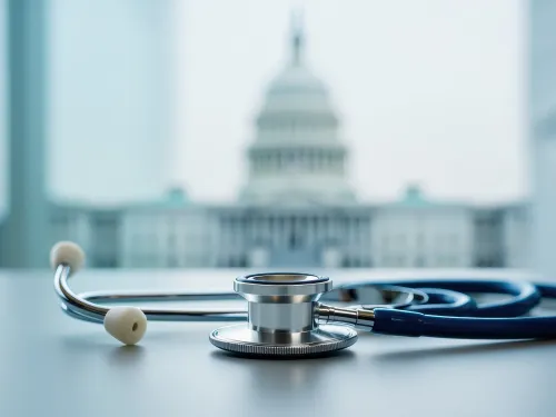 a stethoscope on a desk with a government building in the background