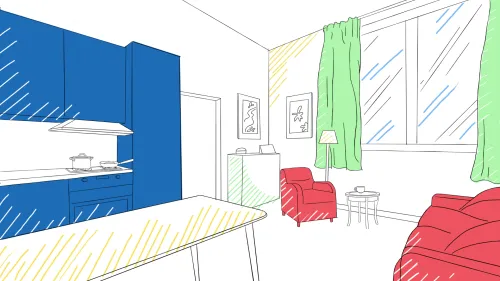 An apartment interior showing a sitting area and part of a kitchen.