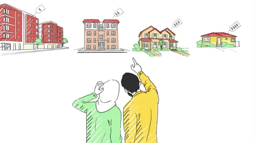 A man and a woman considering housing options at varying price ranges.