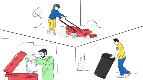 A woman mowing the grass, a man throwing trash in a bin, a man moving a garbage bin.