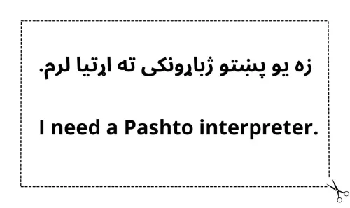 یوه چاپېدونکې کارت چې په کې لیکل شوي وي: سلام. زه [       ] ژبه خبرې کوم. مهرباني وکړئ، ما ته یو مسلکي ژباړن پیدا کړئ.
