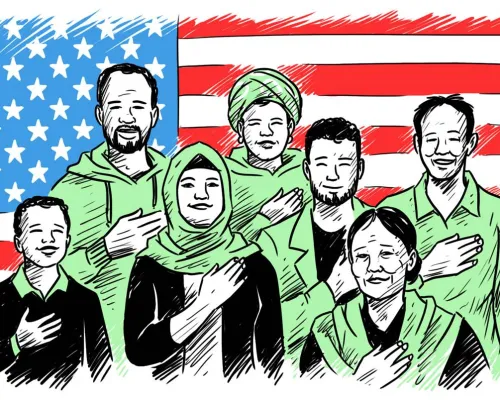 Newcomers standing in front of a US flag