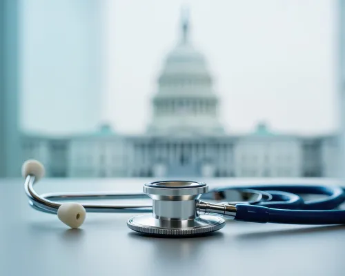 a stethoscope on a desk with a government building in the background