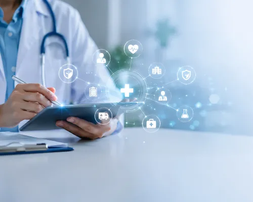 medical provider holding tablet with health icons displayed