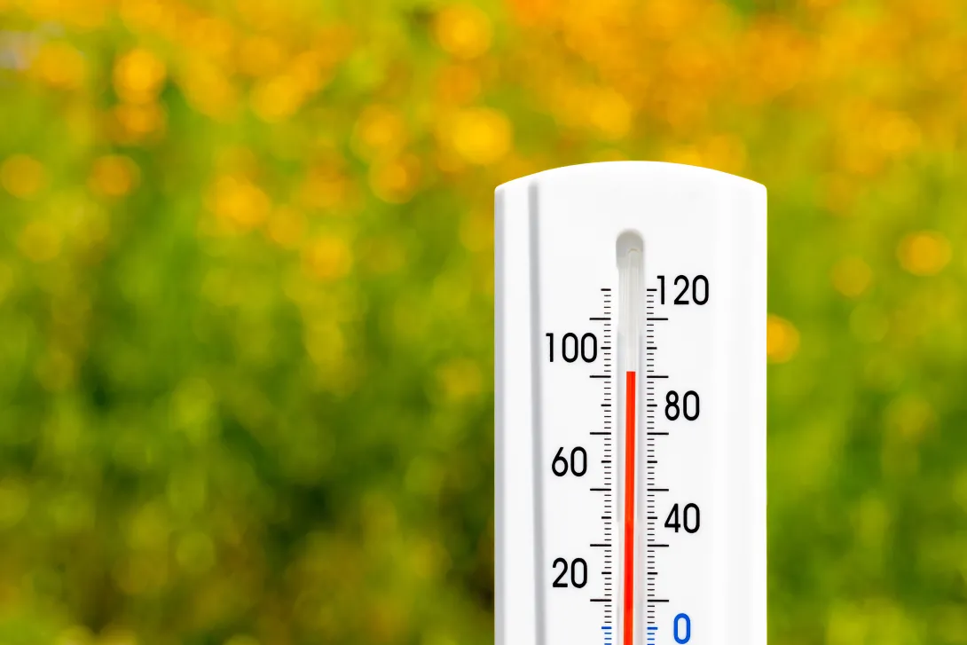 Photo of an outdoor thermometer displaying a high temperature in Celsius and Fahrenheit.
