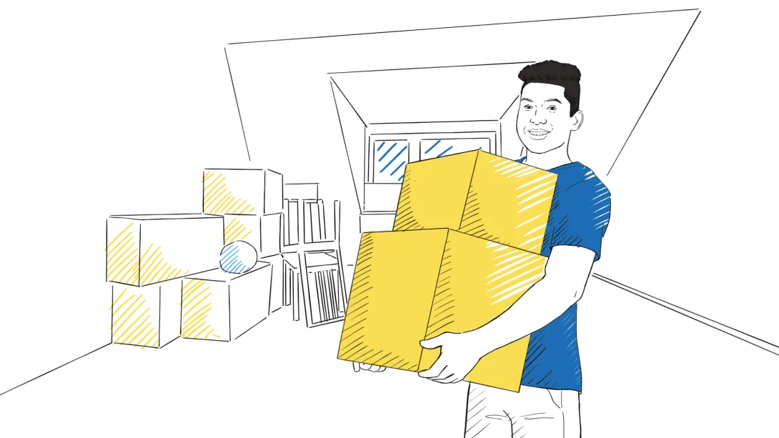 A drawn image of a man carrying two moving boxes in a room packed up for a move