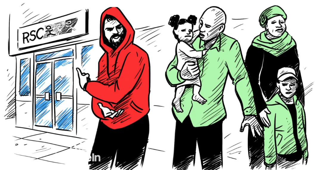 A drawn image of a man in a hoodie approaching a family outside a Resettlement Support Center.