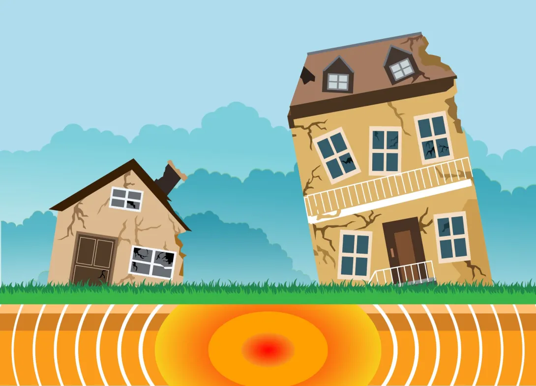 A drawing that illustrates how movements below the earth can cause earthquakes and damage to buildings.