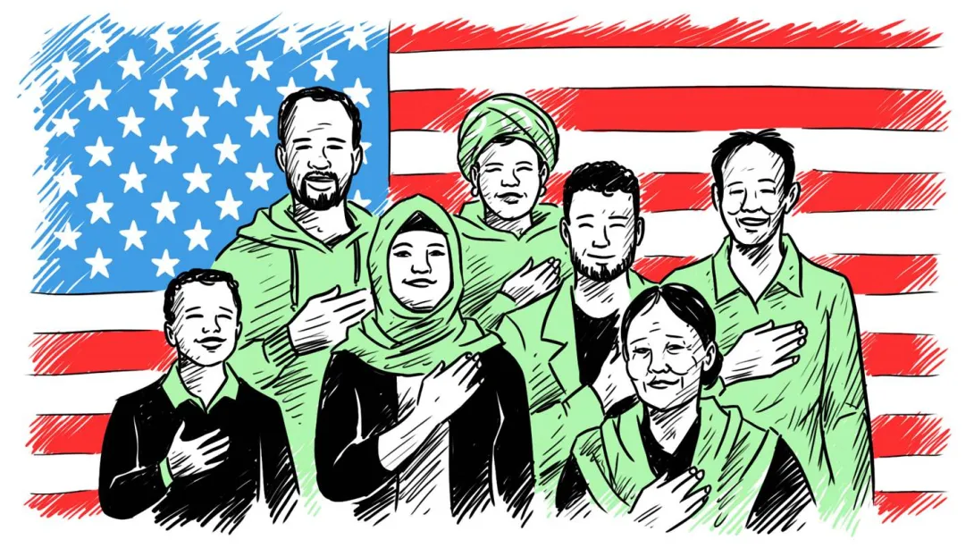 Newcomers standing in front of a US flag