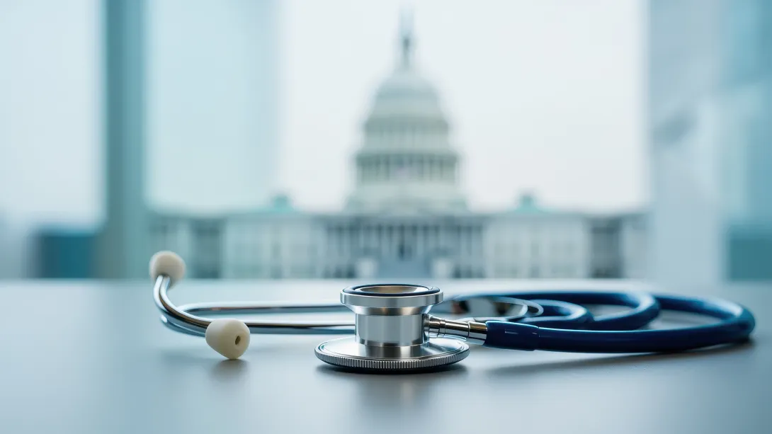 a stethoscope on a desk with a government building in the background