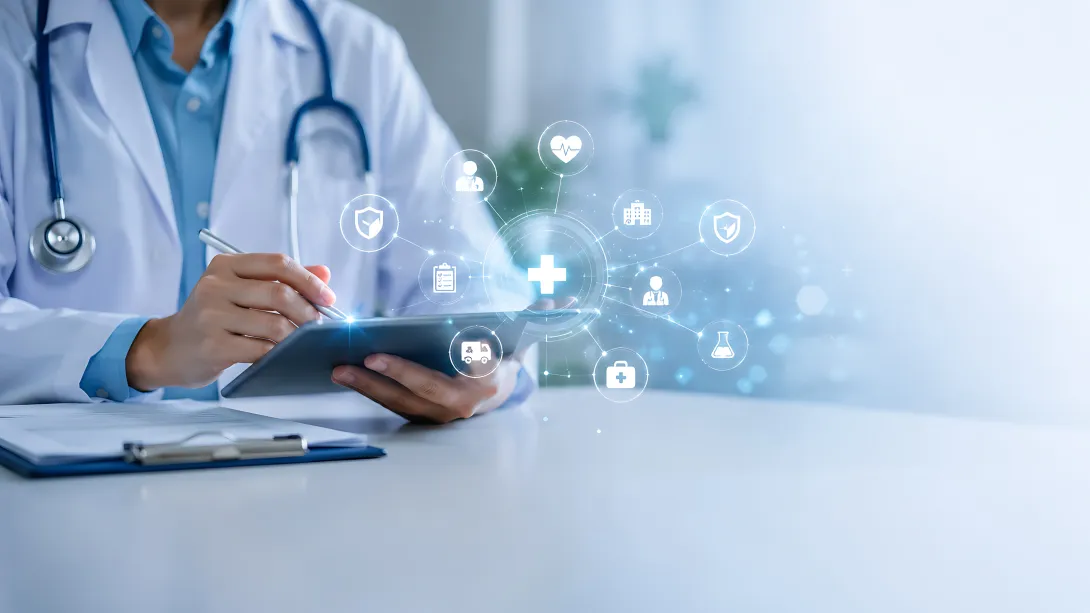 medical provider holding tablet with health icons displayed